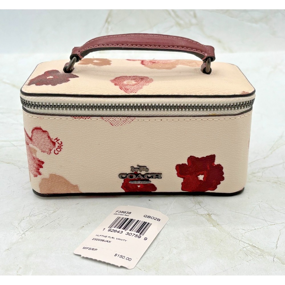 Coach Vanity Zippered Jewelry Travel Case Halftone Floral Chalk Red Leather New